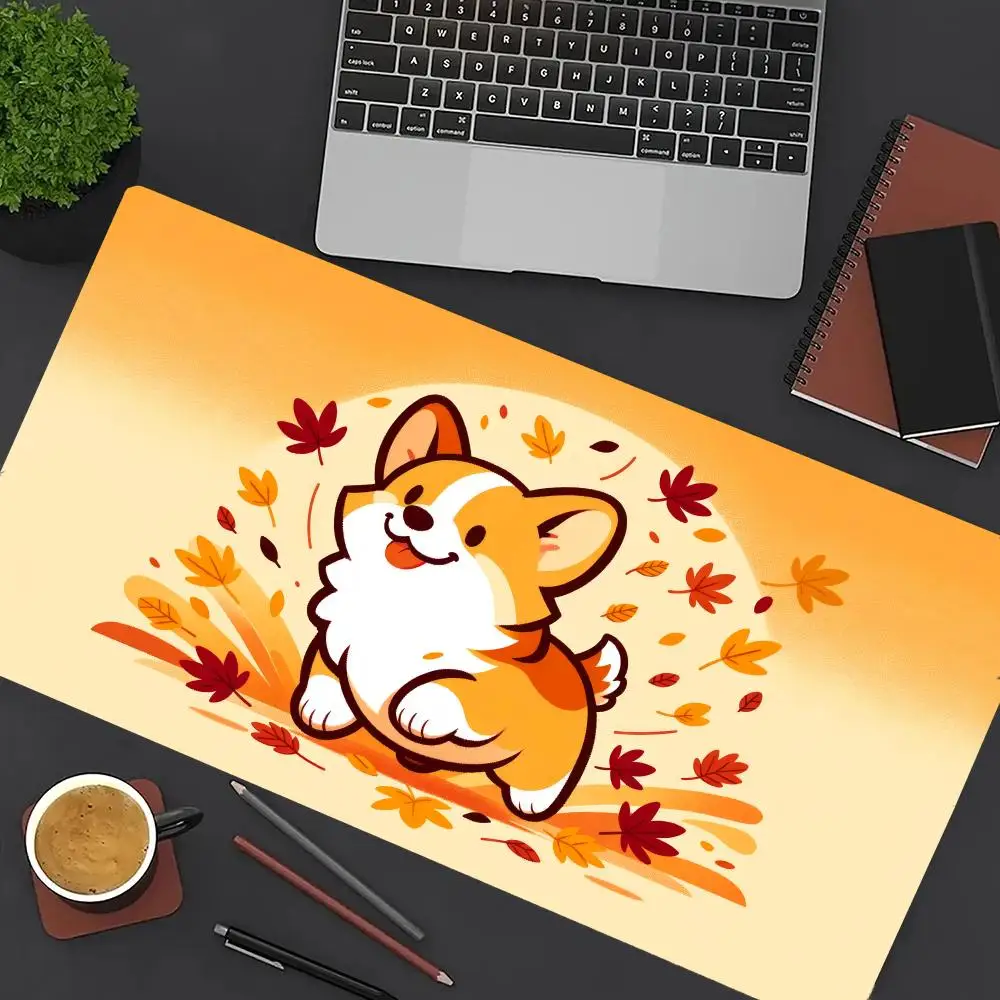 แผ่นรองเมาส์ลายคอร์กี้น่ารัก ขนาดใหญ่ สำหรับคอมพิวเตอร์ สำนักงาน เล่นเกม แผ่นรองโต๊ะ XXL ยางกันลื่น ขอบเย็บ แผ่นรองคีย์บอร์ด แผ่นรองโต๊ะยาว