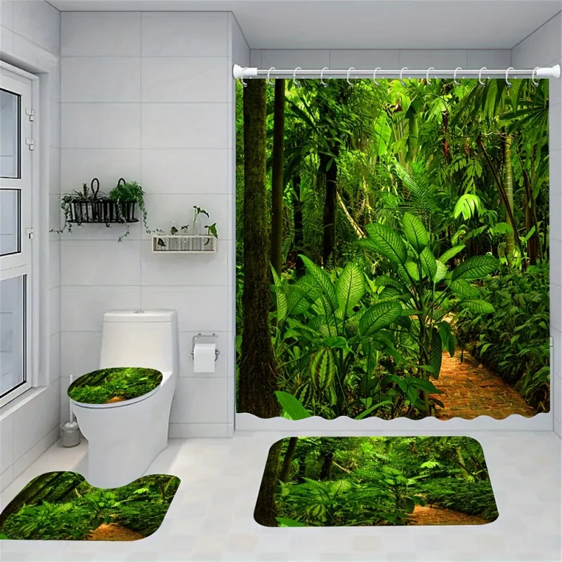 Tropical Rainforest Print Shower Curtain Set with Waterproof Curtain, Non-Slip Back, Toilet Lid Cover, Bath Mat, 12 Plastic Hook