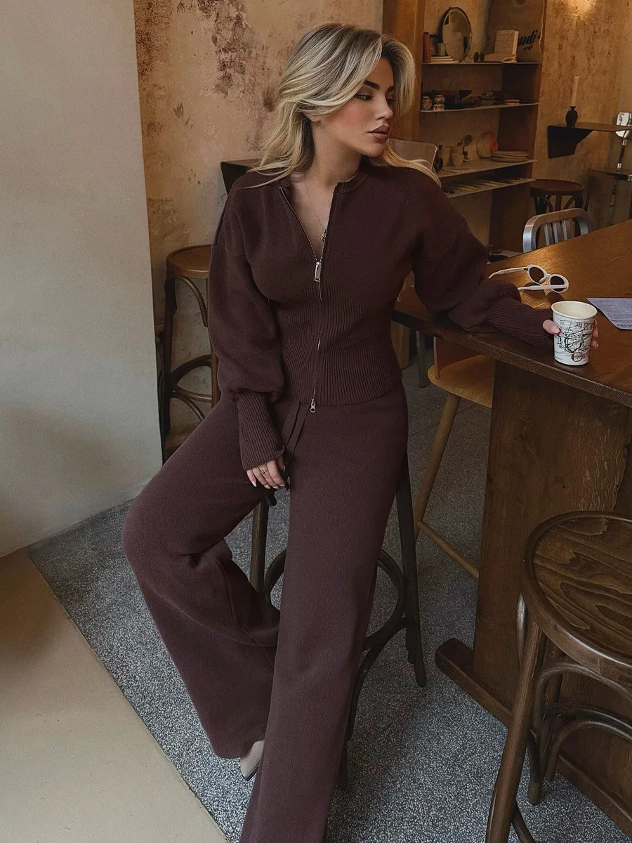 New Knitted Wo-piece Set Zipper Top High-waisted Elastic Waist Straight Pants Set Mininalist Casual Suit