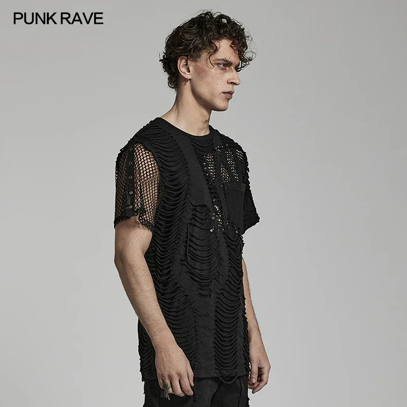 PUNK RAVE Men's Punk Ripped Irregular Mest Short Sleeve T-shirt Daily Eyelets Studs Casual Tops Spring Summer Black Tees