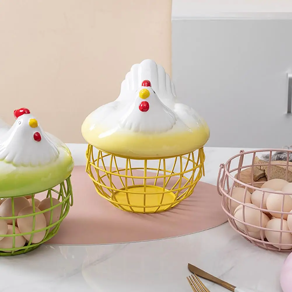 1 Set Wire Basket Modern with Ceramic Lid Chicken Egg Holder Rustic Wire Egg Collecting Basket for Dining Room