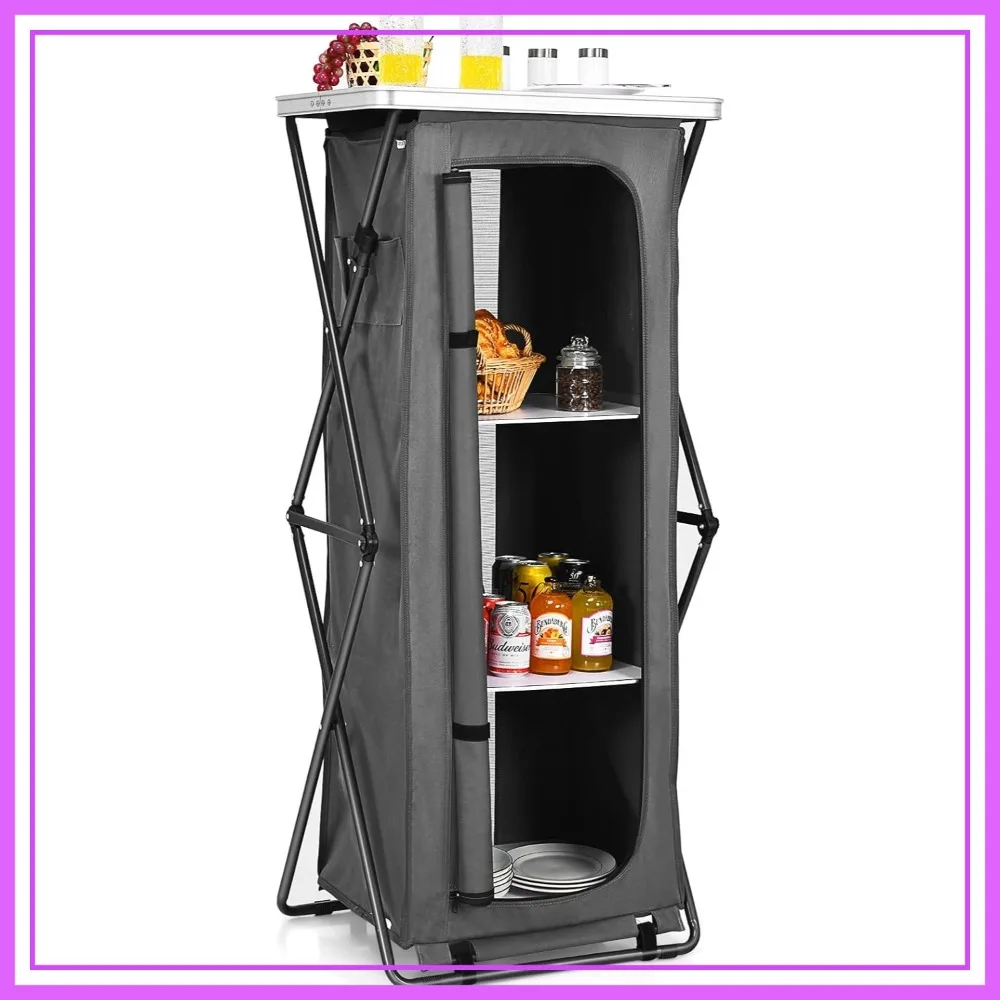 

Folding Camping Storage Cabinet with 3 Shelves, Portable Outdoor Organizer, Quick Set-Up Pop-Up Cupboard, 55''H