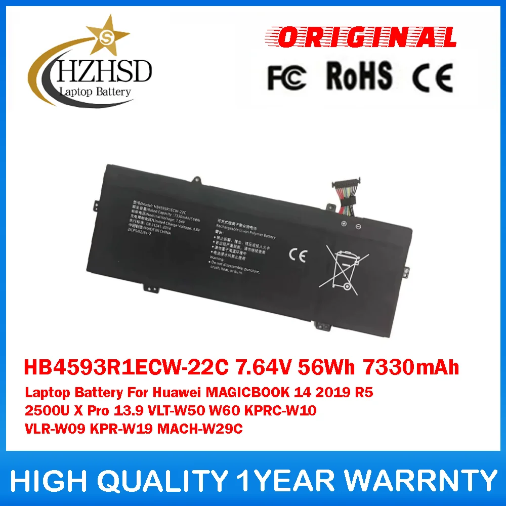 

HB4593R1ECW-22C 7.64V 56Wh 7330mAh Laptop Battery For Huawei MAGICBOOK 14 2019 R5 2500U X Pro 13.9 VLT-W50 W60 KPRC-W10 VLR-W09