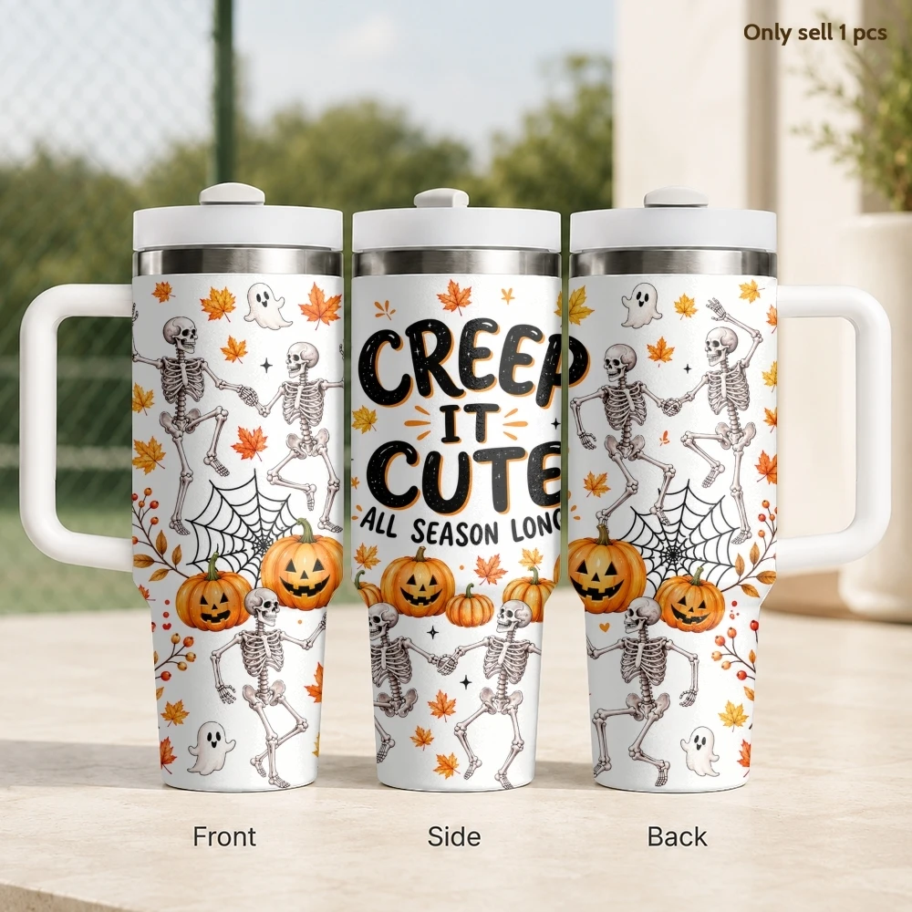 Pumpkin Skull Design Vacuum Flasks 40oz Stainless Steel Travel Tumbler with Handle Straw Lid Double Wall Vacuum Insulated