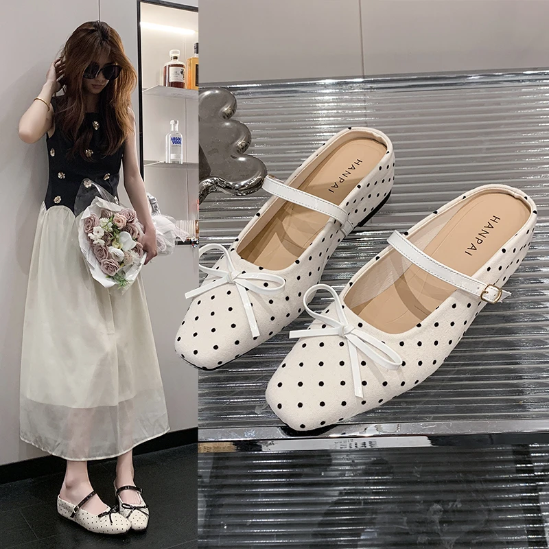 

Женские шлепанцы Baotou, для улицы, в стиле Fairy Style, новинка весна-лето 2026, полупантофли в горошек на среднем каблуке с бантами