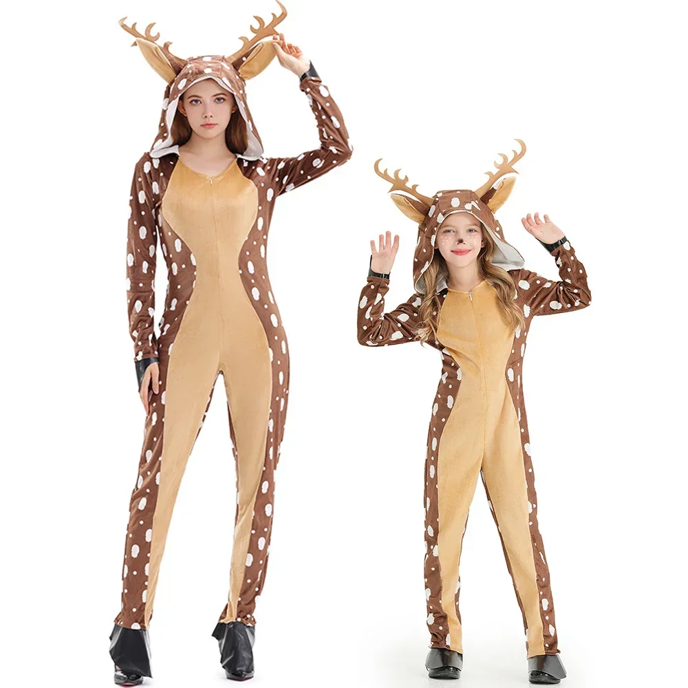 

Милый комбинезон цвета хаки с пятнистым оленем и животным для родителей и детей для женщин и девочек, Рождественский костюм с капюшоном для косплея, бархатная одежда для сна с кристаллами