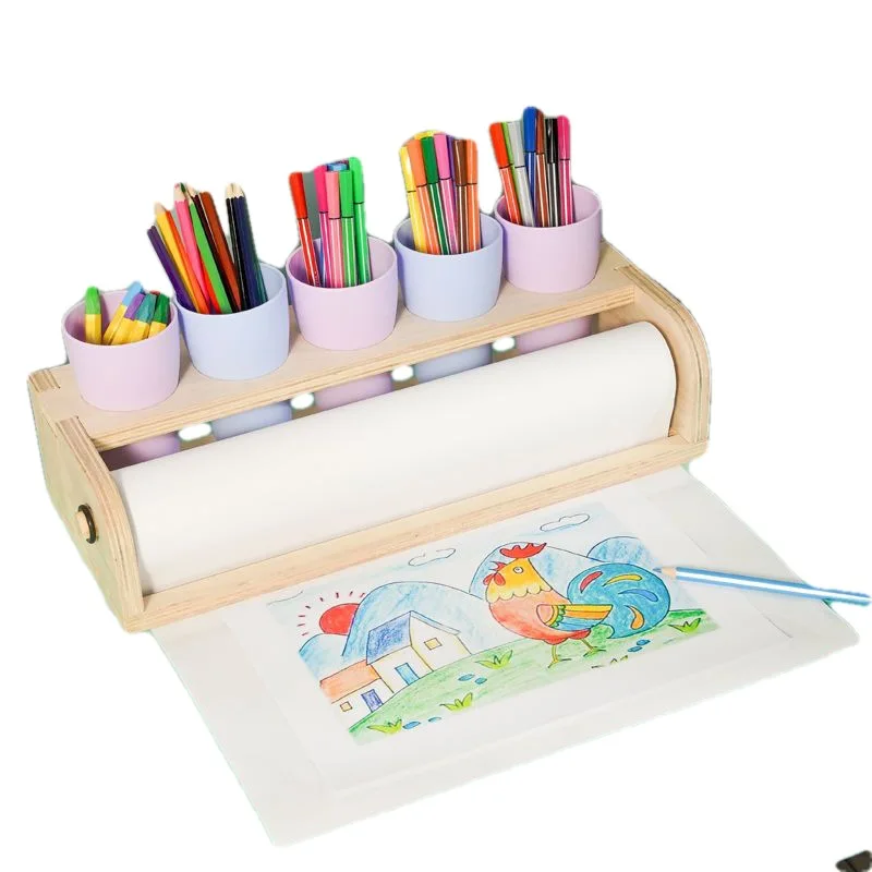 Tabletop Paper Roll Dispenser Children Wooden Easel for Drawing Doodling