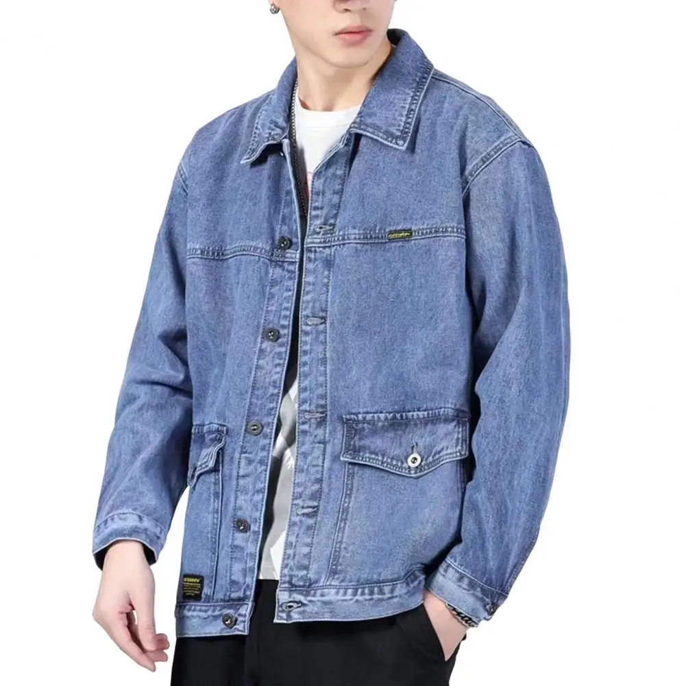 

Men Denim Jacket Lapel Long Sleeve Jacket Coat With Large Pockets Spring Autumn Button Closure Cargo Outwear