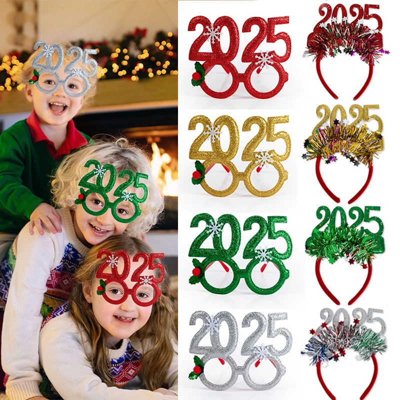 2pcs Christmas photo props 2025 glasses frame headband children adult New Year headwear Christmas party decoration Navidad gift