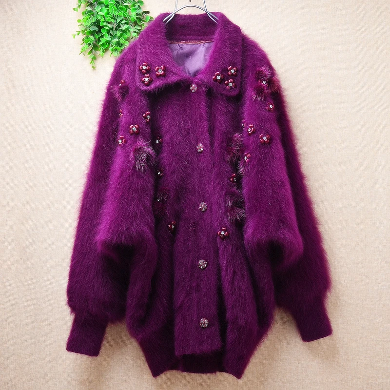 

Women Mujer Autumn Winter Purple Vintage Embroidery Beading Angora Rabbit Hair Knitted Long Batwing Sleeves Loose Cardigan Coat