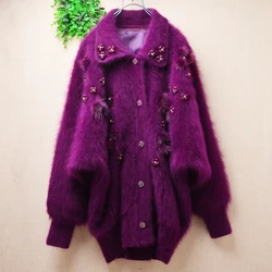 Women Mujer Autumn Winter Purple Vintage Embroidery Beading Angora Rabbit Hair Knitted Long Batwing Sleeves Loose Cardigan Coat