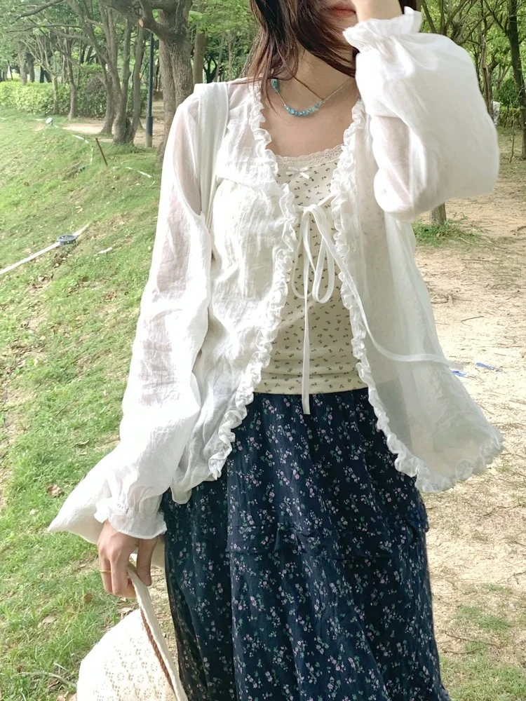 

Rining Mis Blue Sun Protection irt with Bowtie Gentle Wood Ear Design Air Conditioned Lightweight Outerwear Summer Top