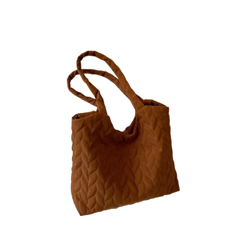 

Solid Color Quilted Shoulder Bag Soft Cotton-Padded Large Capacity Travel Shopper Tote Comfortable Handle Embroidery Thread