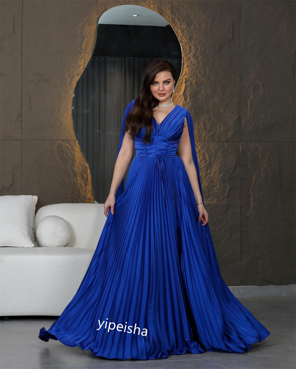 Jiayigong    Satin Draped Birthday A-line V-neck Bespoke Occasion Gown Long es Saudi Arabia  