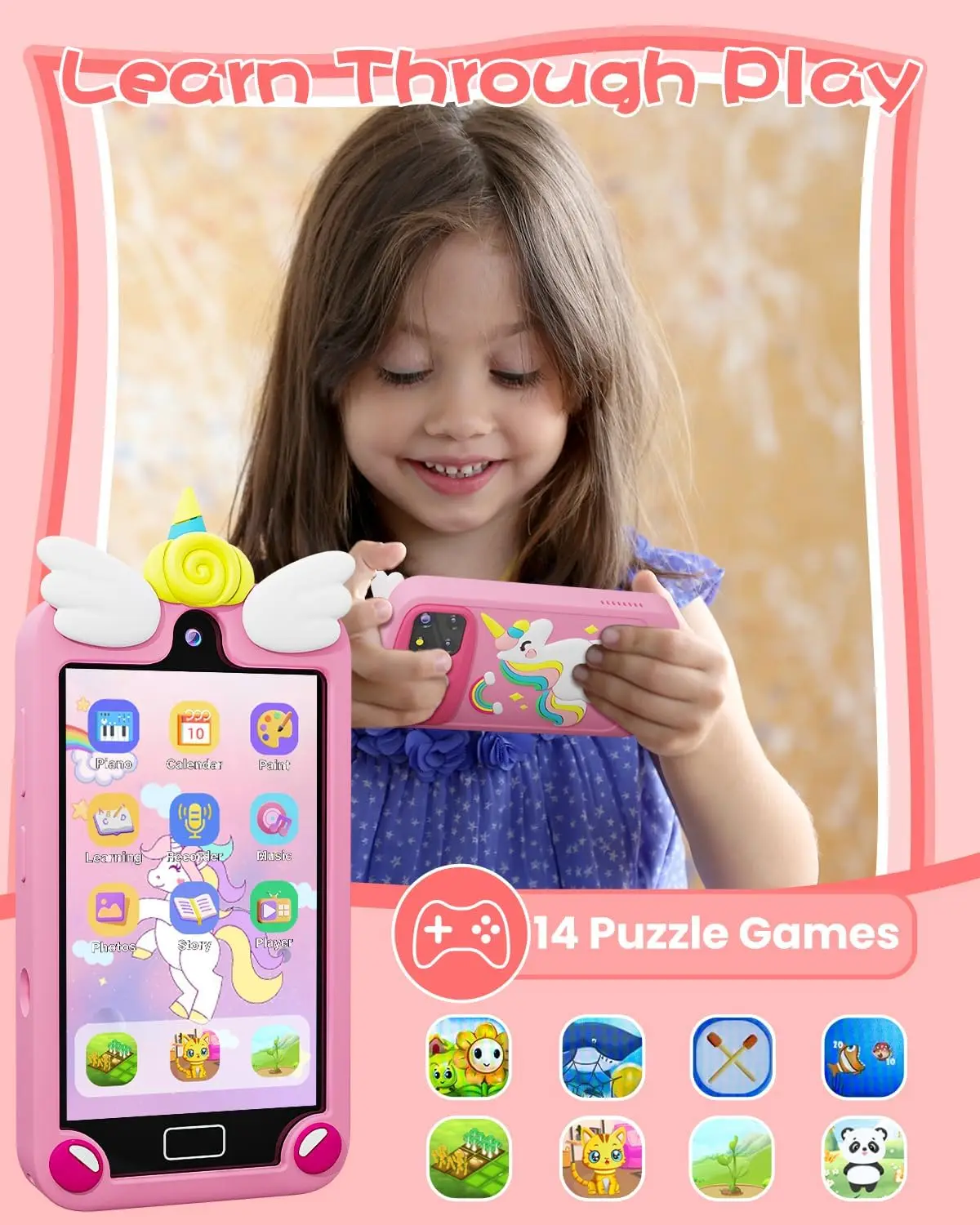 Kids Smart Phone for Girls with 4.0" Large Touchscreen, 32G Card Gifts for Kid Toys, Toddler Learning Toy, Dual Lens(Pink)