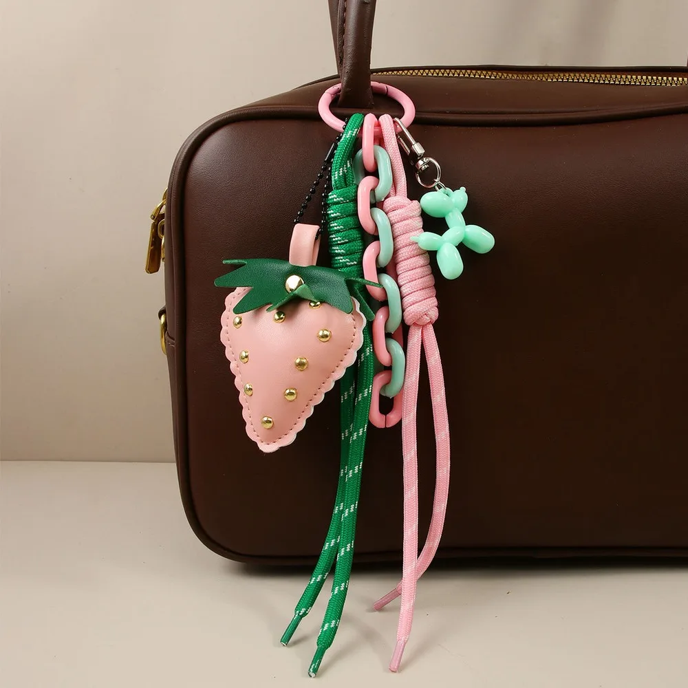 Strawberry Bag Charm Pink Green Rope Multi Charm Keychain Colorful Purse Decoration for Handbag Fashion Accessory Gift for Women
