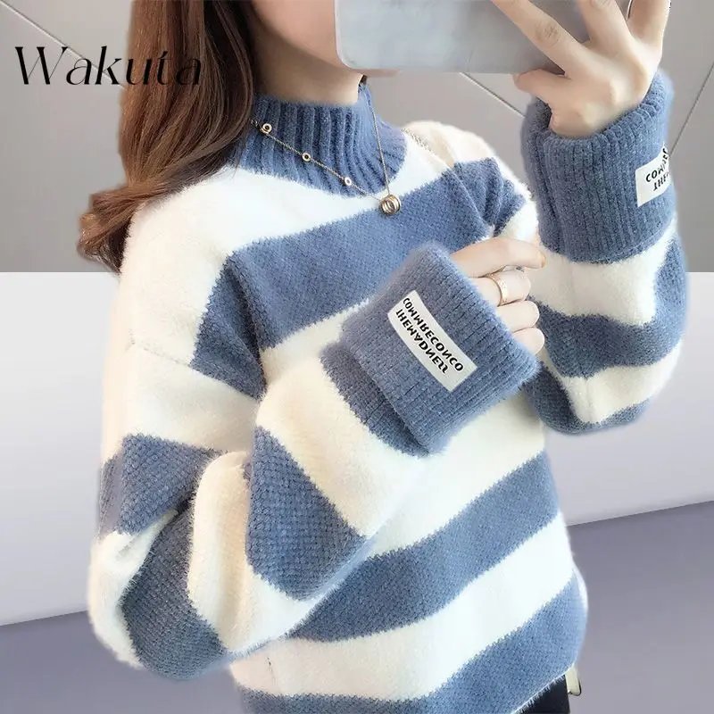 WAKUTA Korean Loose Stand-up Collar Long-sleeved Striped Knit Pullover Chic Lazy Style Fall/Winter Thickened Streetwear 여성 반팔 니트