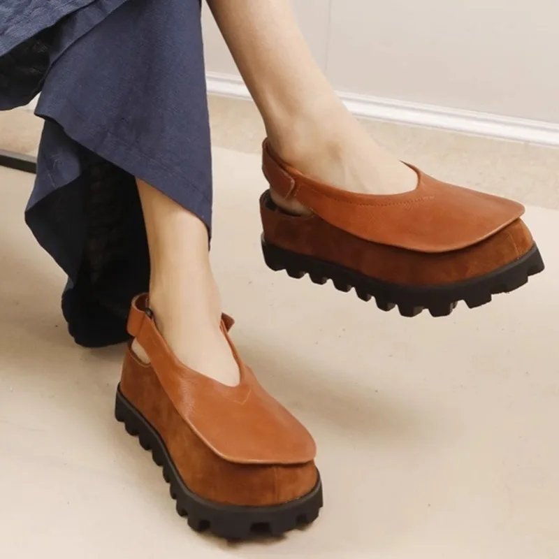 أحذية منصة مسطحة صناديل للنساء جلد ناعم حذاء بدون كعب ماركة ضحلة ريترو المرأة أحذية رياضية الصيف Slingback Sandalias #1