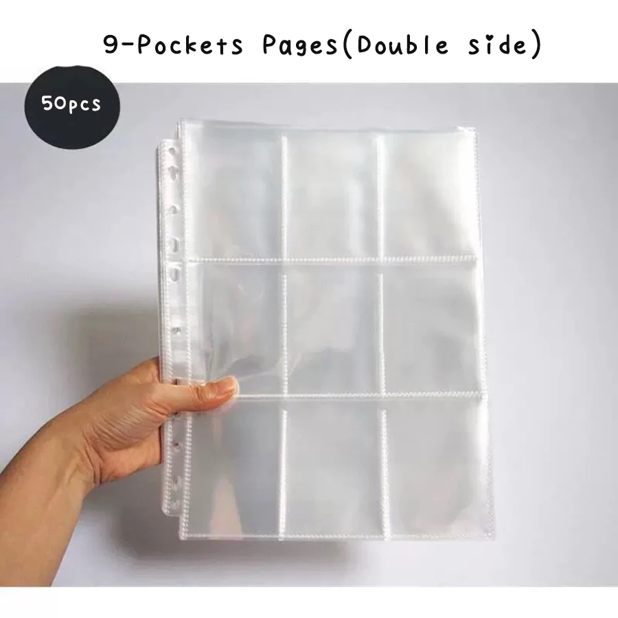 

50 шт./упак., 900 карманов формата А4, 11 отверстий, сменные пакеты для переплета, универсальные 3-дюймовые сумки для коллекционных книг, 9 поясных двухсторонних открыток, держатель для карточек
