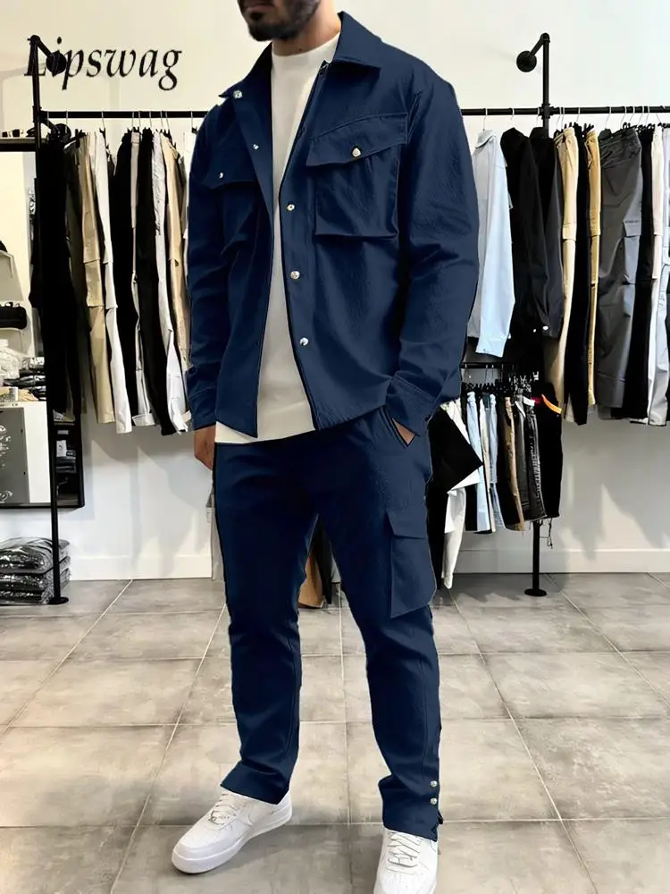 

Fashion Jacket And Cargo Pants Two Piece Sets Mens Autumn Vintage Multi Pockets Tracksuits For Men Casual Solid Color Outfits