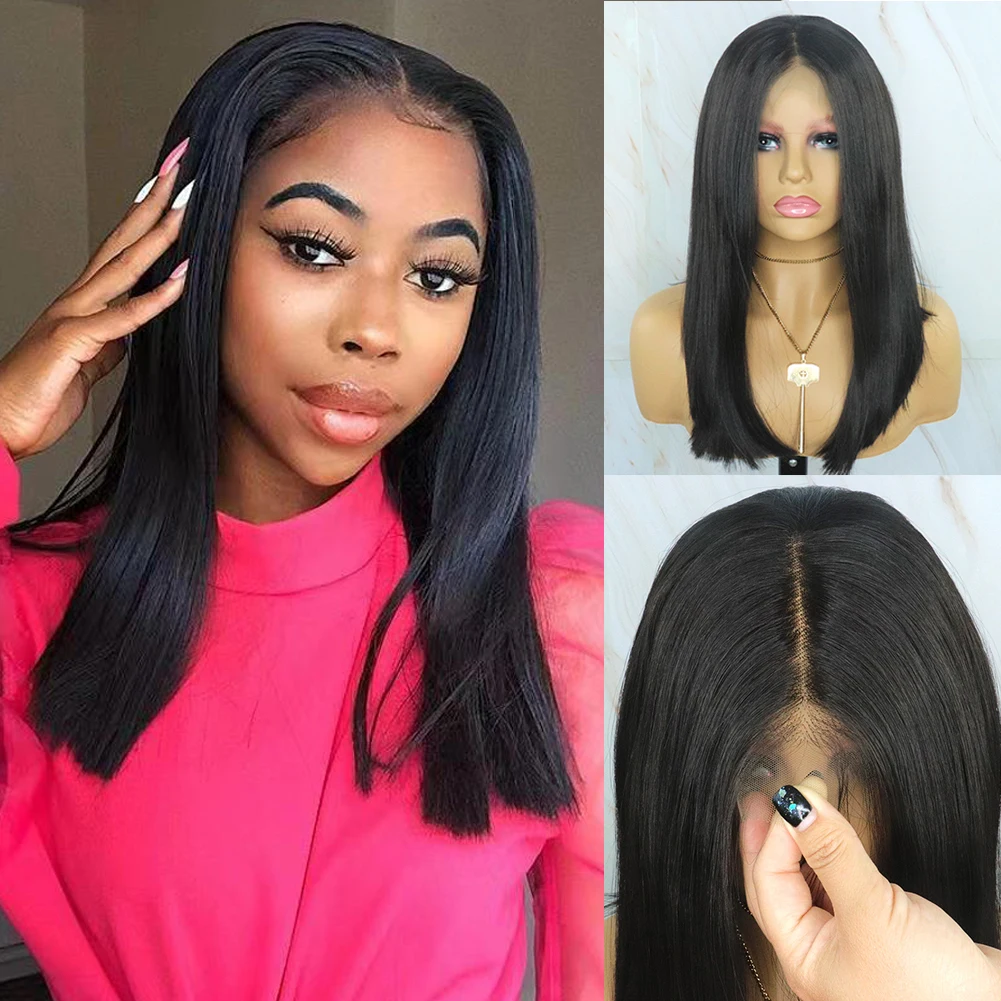 

Beautiful Diary Black Silky Straight Wig Futura Hair Synthetic T Part Wigs Short Bob Wigs Futura Heat Resistant Fiber Wig