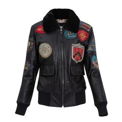 Black Autumn Leather Jacket Women Military Style Plus Size 3XL Plus Size 3XL Genuine Natural Cowhide G1 Flight Leather Coat