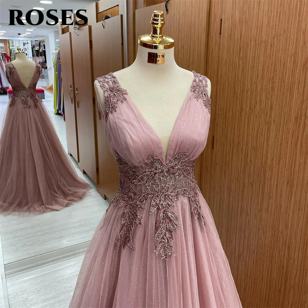 Rosas rubor elegante vestido de fiesta de boda Sexy, de línea A Apliques de encaje, vestido de celebridad para ocasiones especiales, batas personalizadas du soir