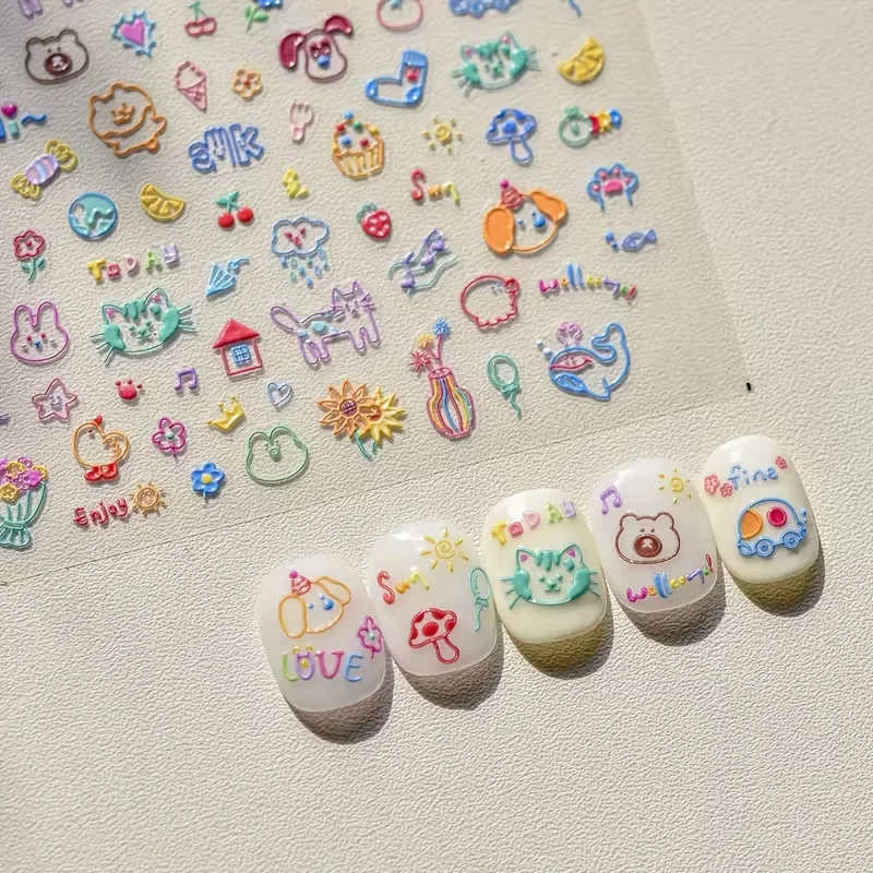 1/4pcs Cute Cartoon Graffiti Puppy Party Relief Nail Sticker Dopamine DIY Water Cup Decorative Nail Accessory Sticker