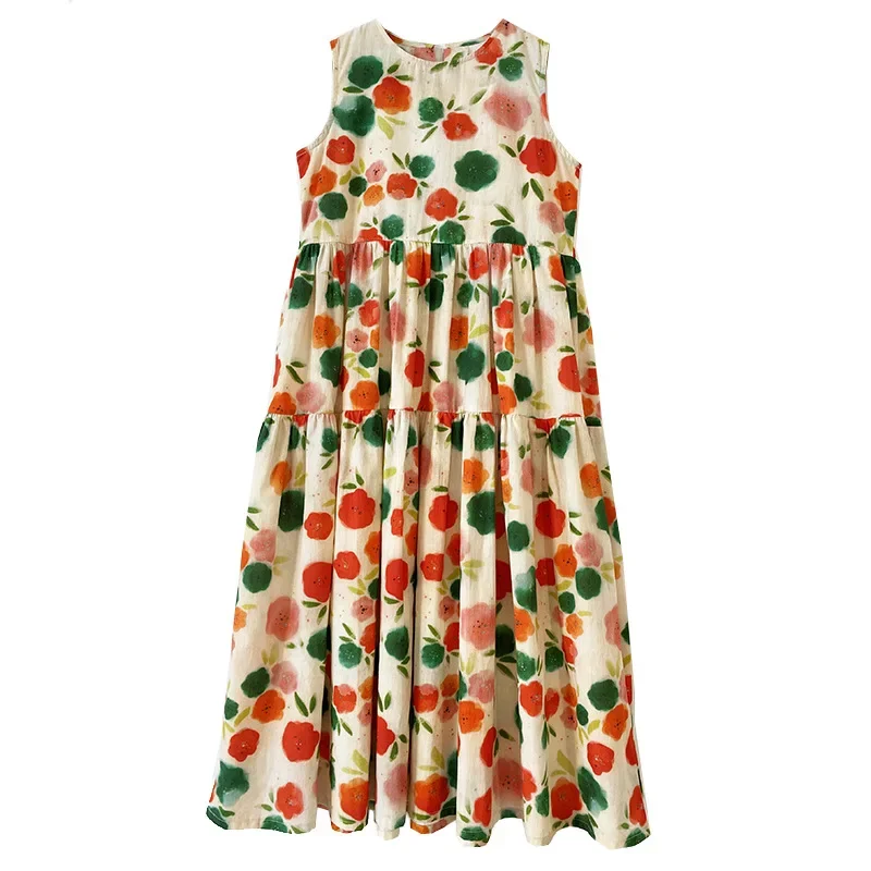 فستان صيفي للفتيات فستان جميل بدون أكمام لقضاء العطلات على الشاطئ فستان صيفي طويل مطبوع للأطفال فستان ماكسي كاجوال 10 سنوات