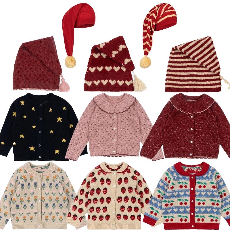 

2024 New Autumn Winter Girl Knit Cardigan Kids Christmas Knitted Hat Baby Red Strawberry Berets Children's Christmas Costumes