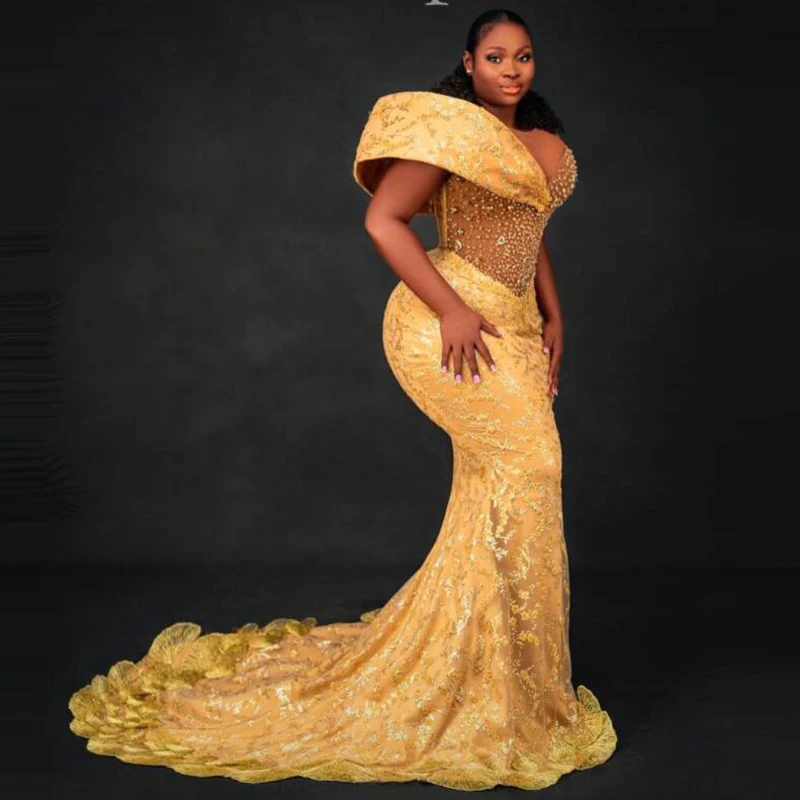 Plus Size Gold Lace Aso Ebi Prom Dress with 3D Sleeves Beaded Mermaid Asoebi African Wedding Guest Dress Formal Party Dresses