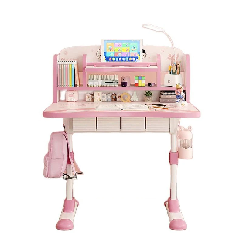 Table d\'étude rose pour enfants, bureau d\'écriture pour école primaire, rangement simple à la maison, ensemble de chaises relevables