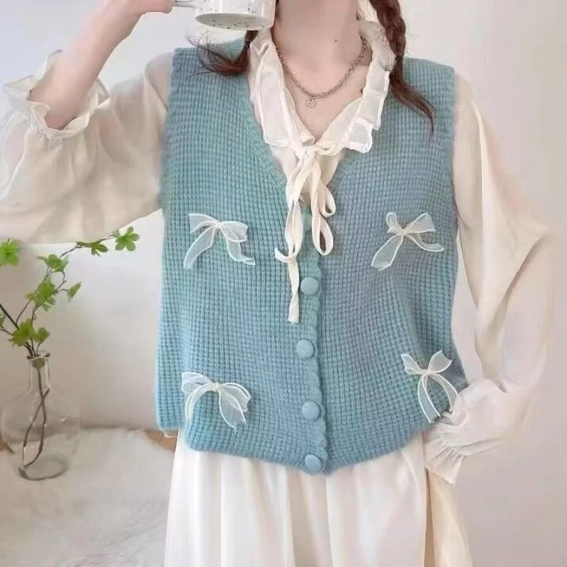 Sweater Vest Women Cute Sweet Candy Color Sleeveless Knittedwear Bow Girls Preppy Style Students Casual Loose All-match Fashion