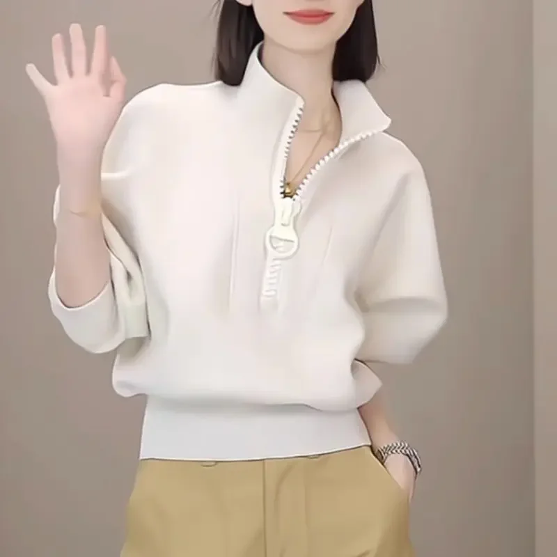 

Свободные пуловеры с воротником-стойкой, толстовки на молнии, модные повседневные универсальные топы с длинными рукавами, осень-зима, новые женские однотонные топы
