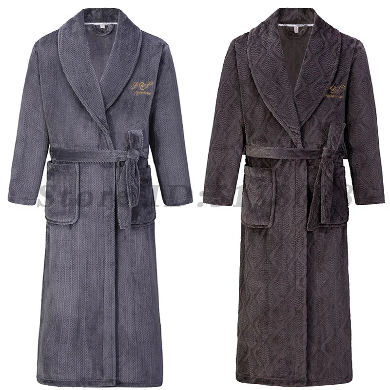 Autumn Winter Flannel Long Robe Couple Thicked Warm Sleepwear Men Casual Bathrobe Gown Plus Size Nightgown Women Loose Home Wear