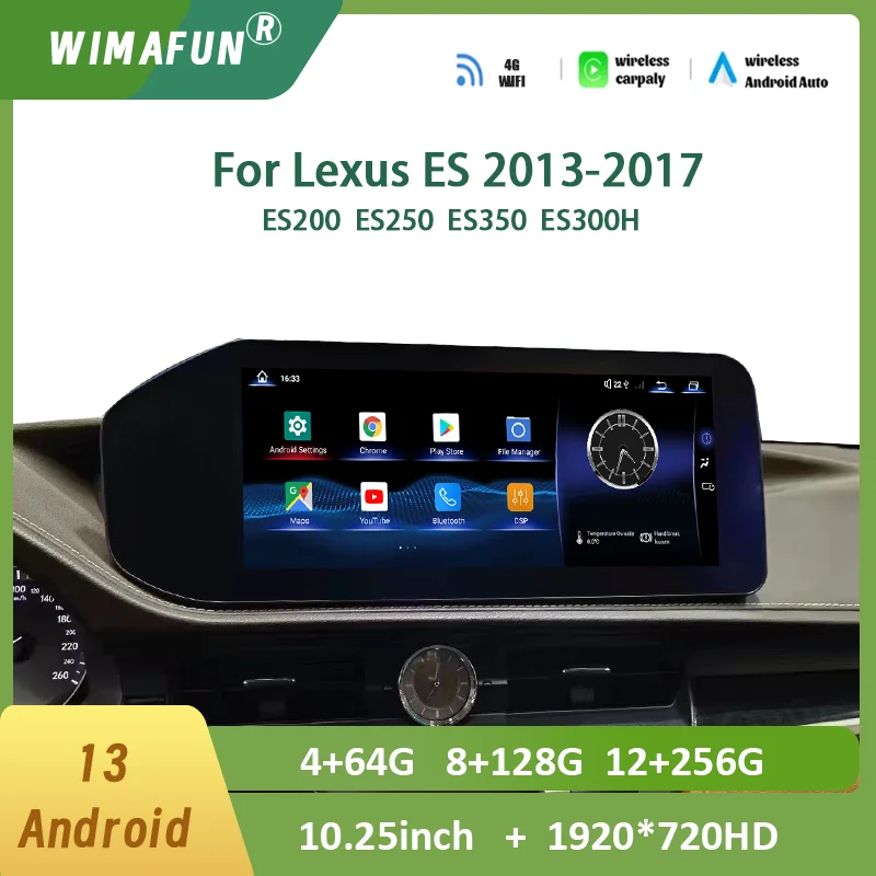 12.3Inch For Lexus ES/200/250/350/300H 2013-2017 Android 13 Car Radio GPS Qualcomm CarPlay Multimedia Video Player OEM Menu GPS