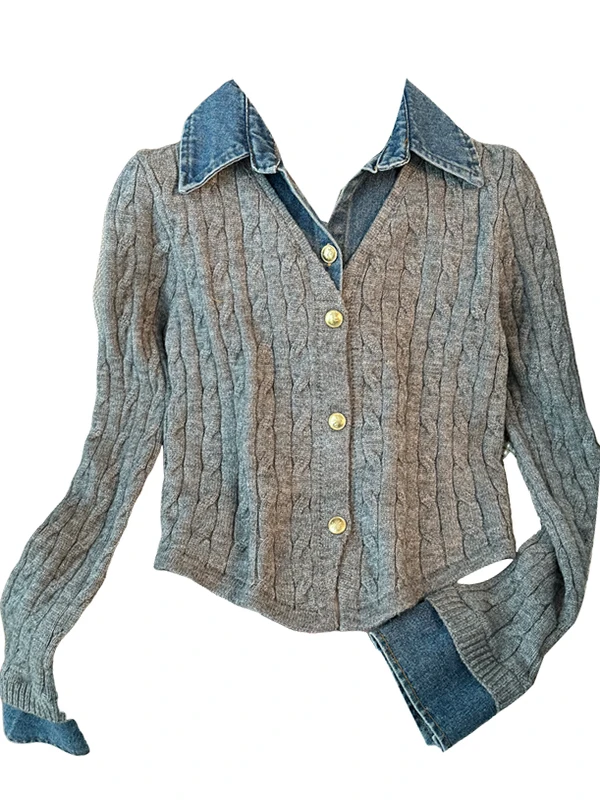 Colletto blu Denim Patchwork Lungo Sve lavorato a maglia irt Donna Autunno College Sle Versatile ort Top Falso in due pezzi