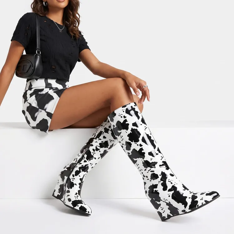 Cow Pattern Wedge High Heel Women Knee High Boots Pointed Toe Stretchy Women's Boots