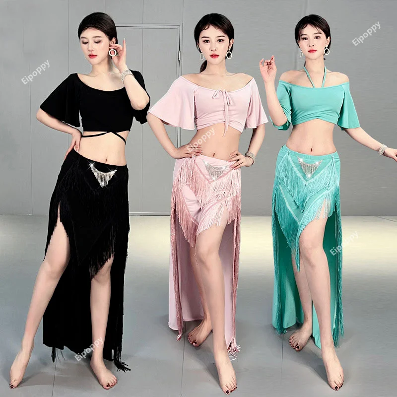 Belly Dance Professional Suit for Women Mesh Short Sleeves Top+sexy Split Long Skirt 2pcs Girl's Oriental Belly Dancing Suit