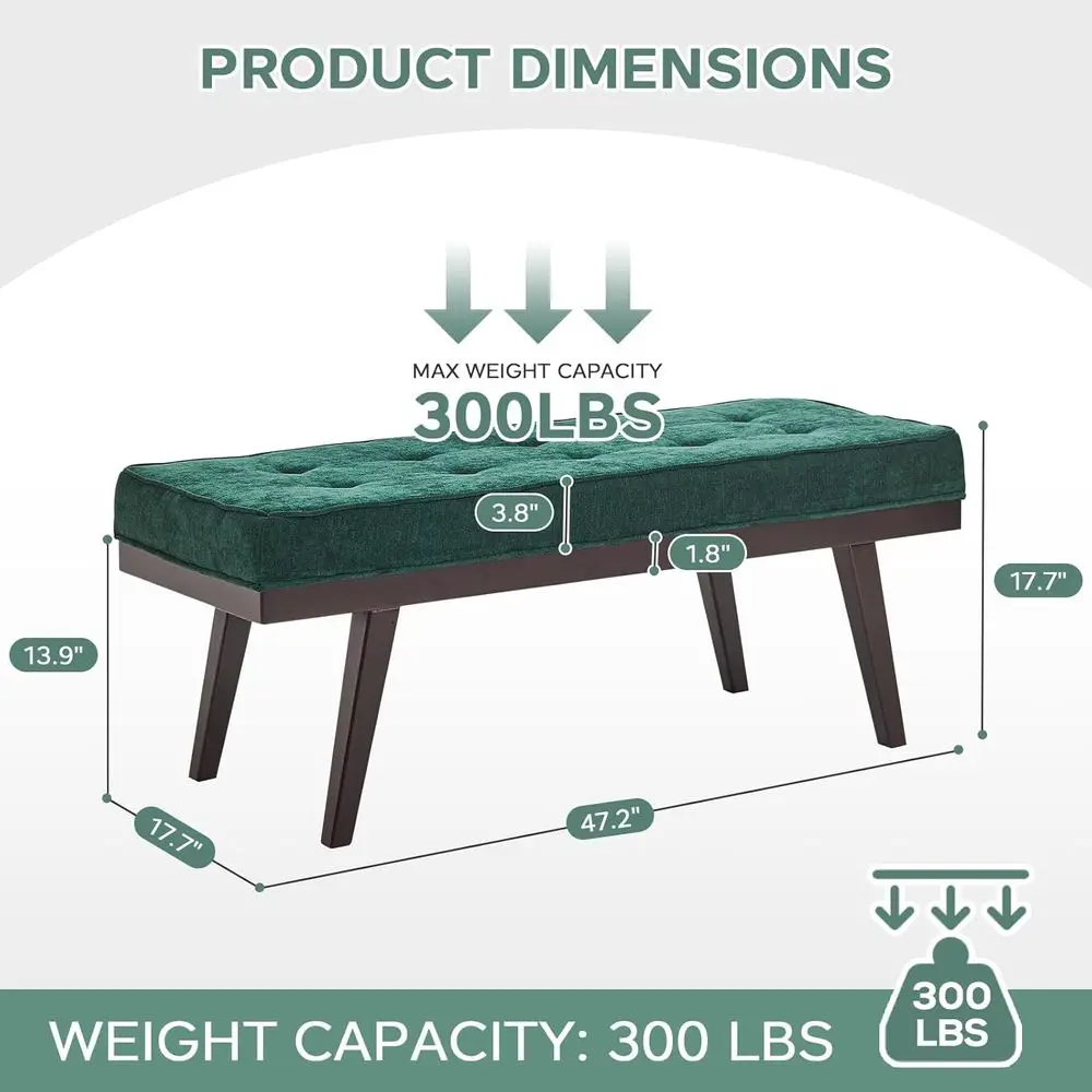 Grün gepolsterte Eingangsbank mit gepolstertem Sitz und Gummiholzbeinen für Schlafzimmer, Wohnzimmer, Schmutzfänger und Flur