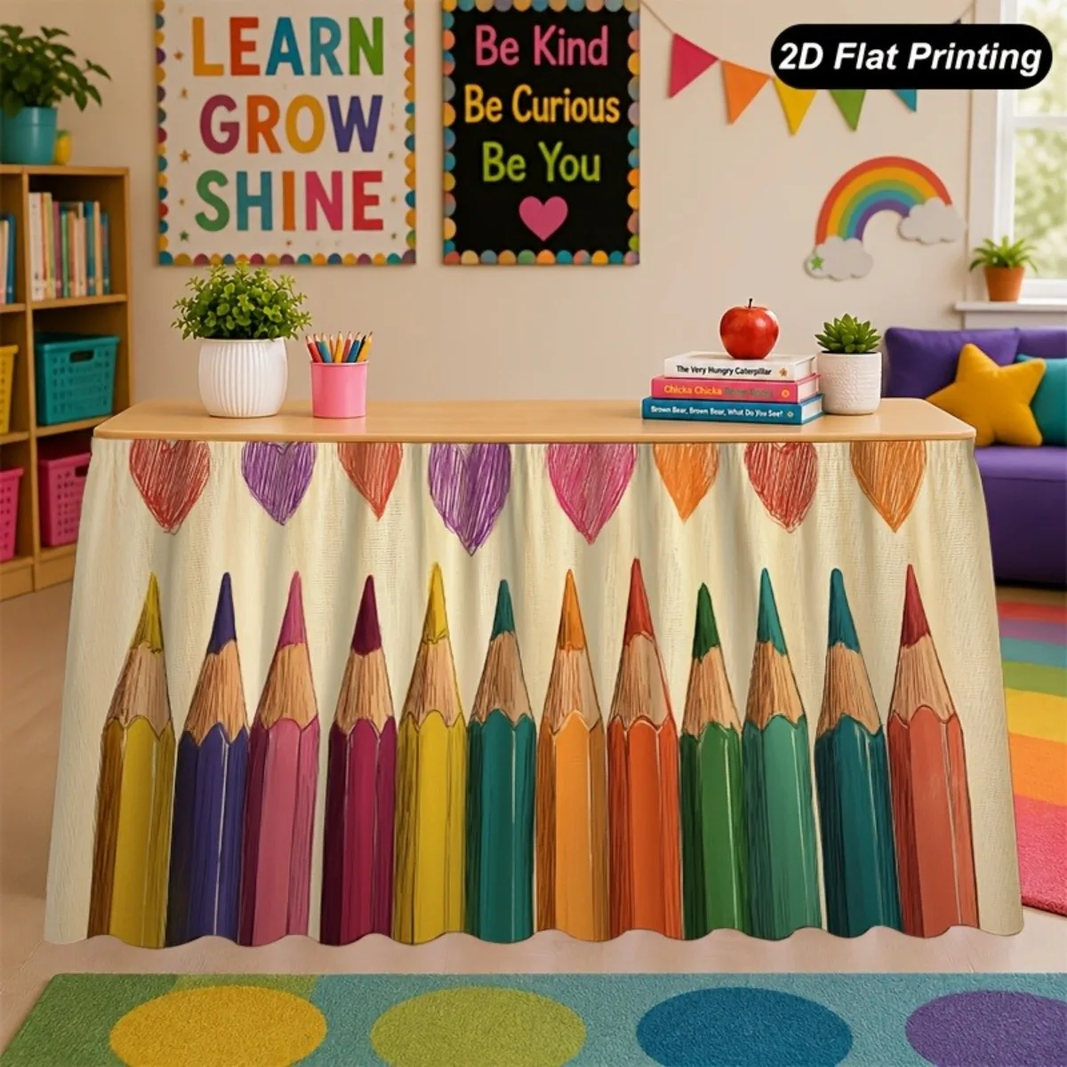 1PC party tablecloth, table skirt, back-to-school theme, colored pencil art wind table skirt, school theme party decoration