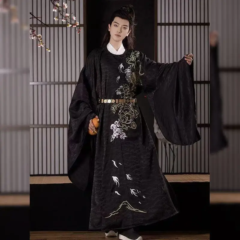 

Rich Black Gold Embroidery Hanfu Dress Men's Traditional Chinese Round Neck Robe Stage Performance Tang Suits Xmas New Year Male