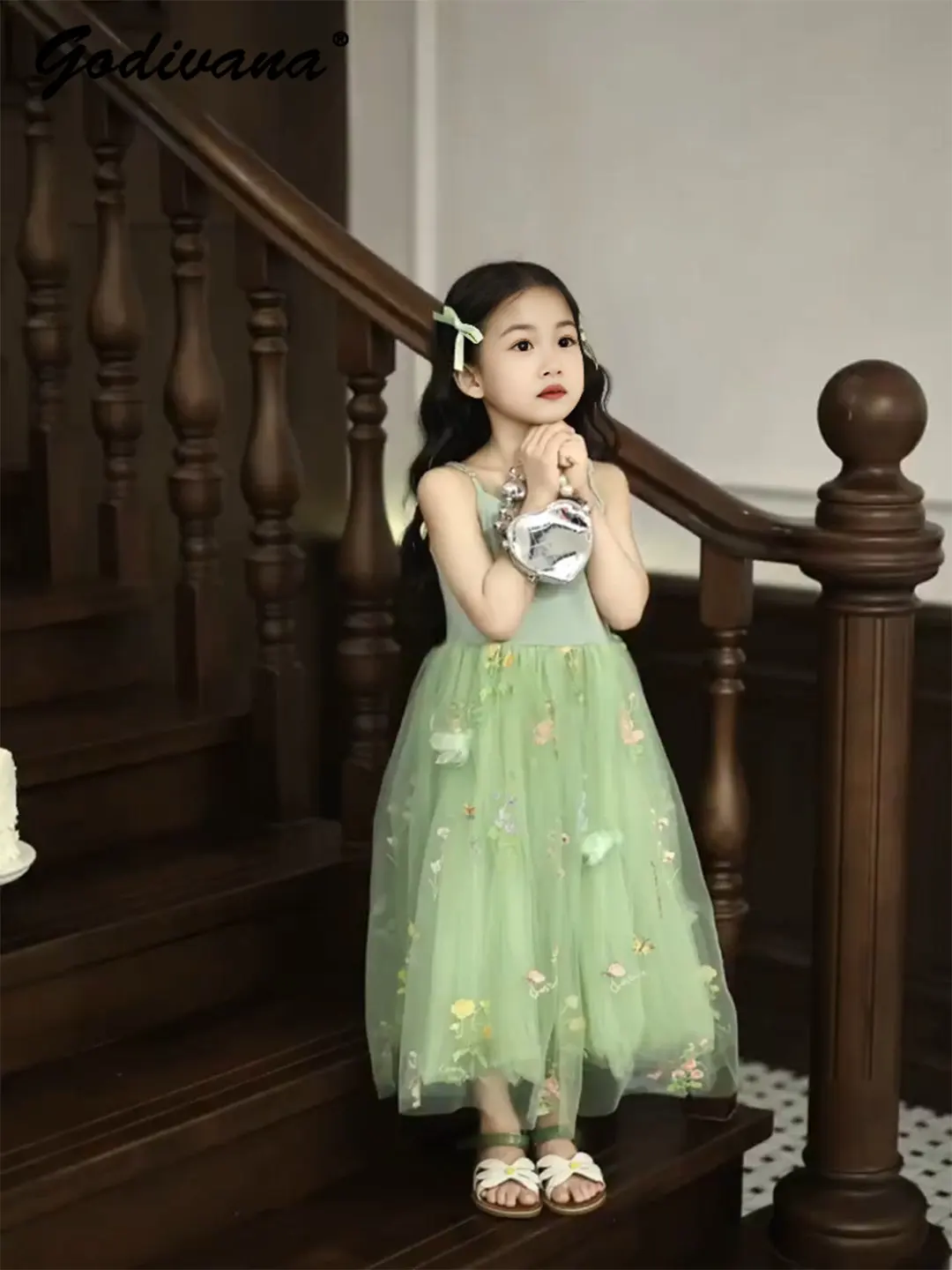 Baby Girls 2026 Summer New Pastorale Sweet Mesh Princess Dress Medium and Large Childrens 3D Flower Fairy Casual Suspender Skirt