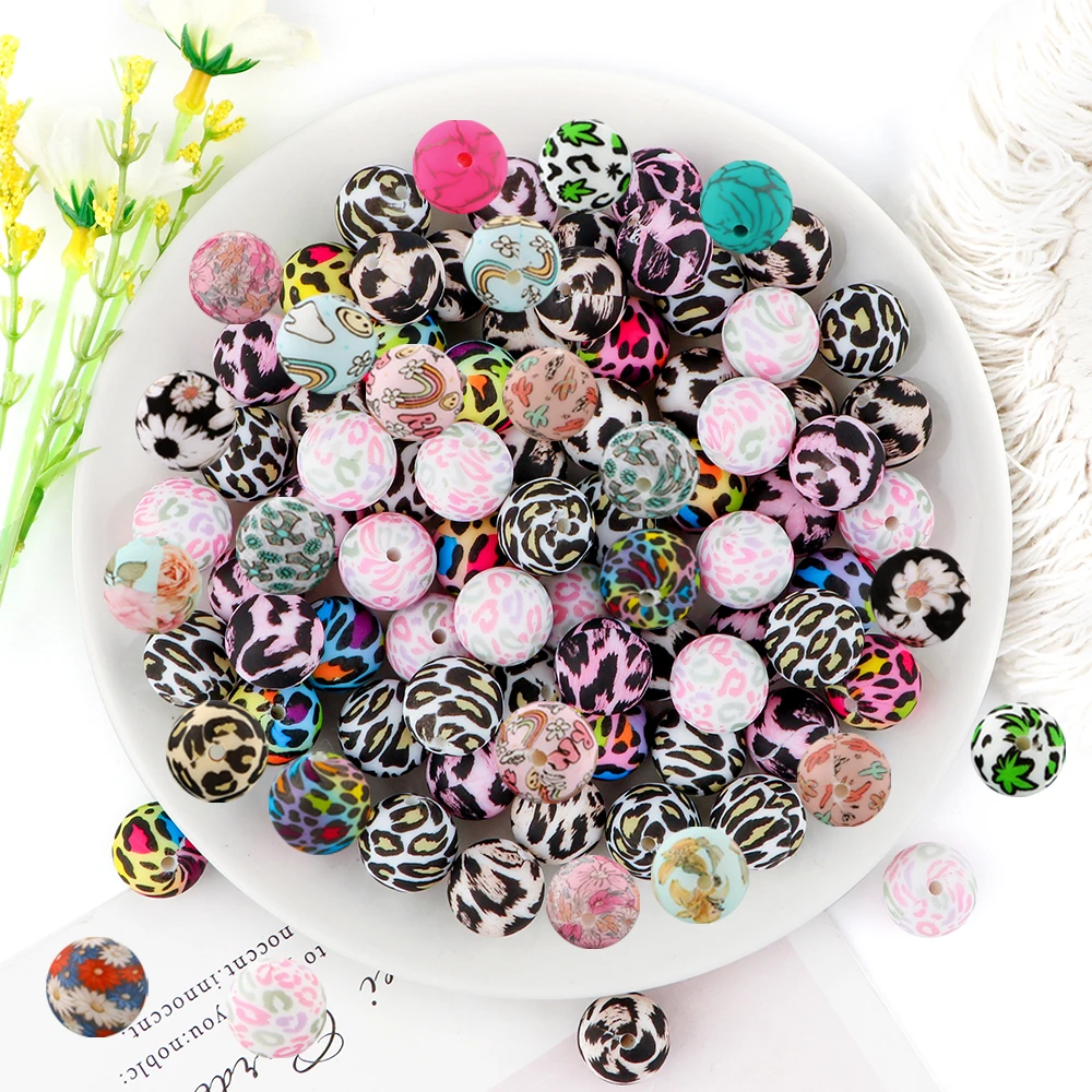Sunrony 20 Teile/los Silikon Perlen 15mm Runde Gedruckt Leopard Terrazzo Perlen Kits Für Schmuck Machen DIY Armband Zubehör