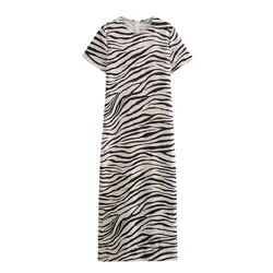 PB&ZA women's early autumn new 2024 fashion round neck short sleeve side slit zebra print straight midi dress