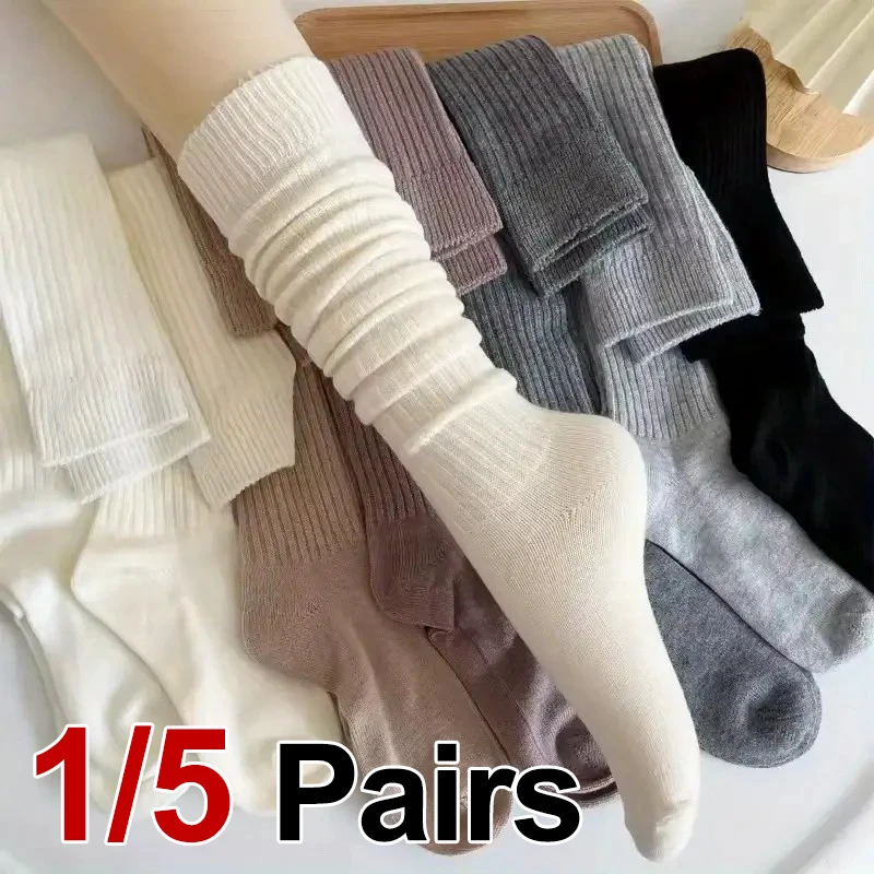 

1/5 Pairs Women Autumn Winter Warm Thick Solid Color Calf Socks Fashionable Side Stripes Slimming Soft Comfortable Casual Socks