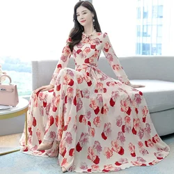 2024 Spring Long Sleeve Beach Maxi Dress Korean Fashion Chiffon Elegant Blue Tunics Casual Floral Evening Dresses For Women Prom