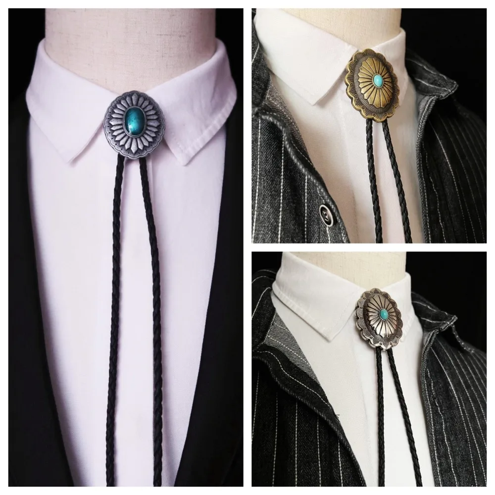 PU Woven Rope Indian Western Cowboys Bolo Tie Ethnic Style Western Country Style Turquoise Bolo Tie Sweater Chain Vintage