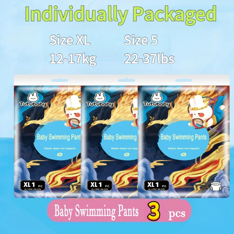 Pañales Desechables para Bebé, Talla XL/5 (22-37lbs), 3 Piezas, Pantalones de Natación Impermeables para Bebés, a Prueba de Fugas, Empaque Individual, Higiénicos