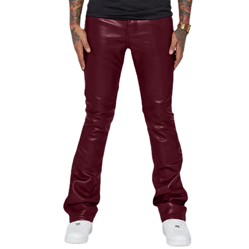 New Men Small Elastic Imitation Leather Pants Black / Burgundy / Brown Fashion Male High Street Casual Motorcycle Trousers